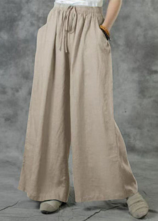 Plus Size Khaki Elastic Waist Pockets Wide Leg Pants Summer