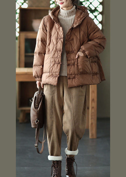 Plus Size Khaki Kapuze Oriental Button Taschen Entendaunen Daunenjacke Winter