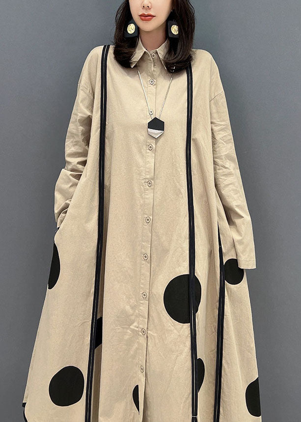 Plus Size Khaki Peter Pan Kragen Patchwork Dot Print Baumwolle Urlaubskleider Herbst