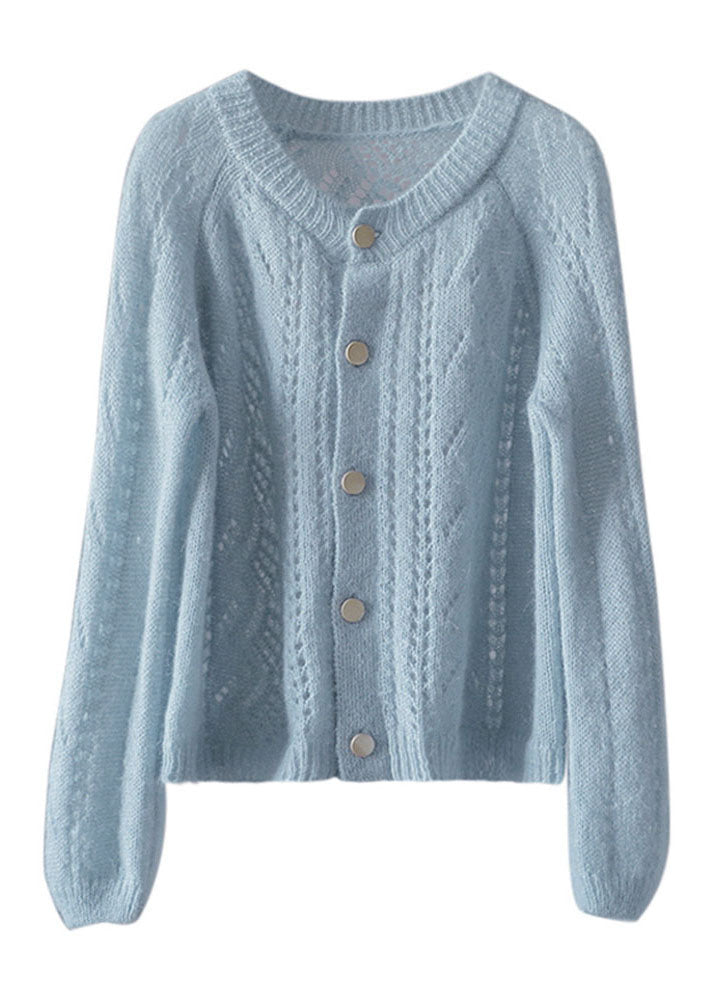Plus Größe Hellblau O-Ausschnitt Aushöhlen Ma Hai Mao Strickjacke Frühling