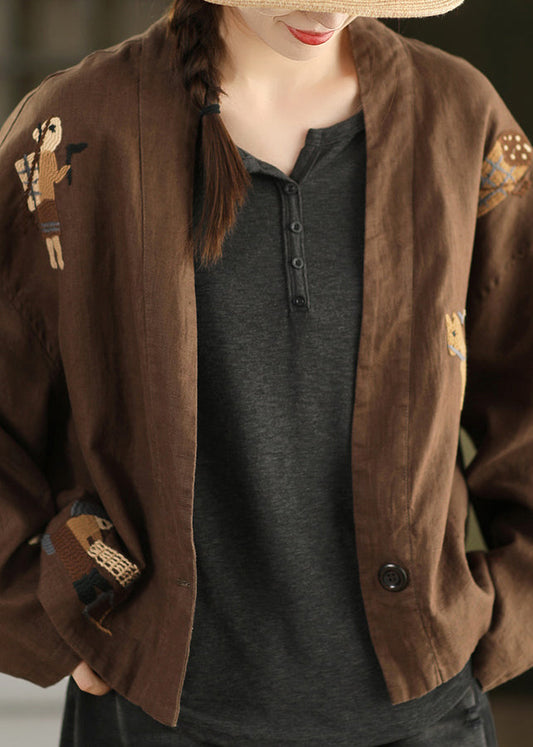Plus Size Linen Embroidered Button Cozy Coats Fall