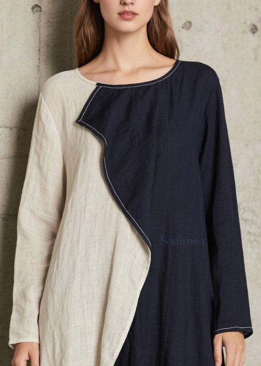 Plus Size Marineblaues asymmetrisches Patchwork-Baumwollkleid in A-Linie, Frühling