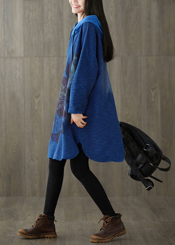 Plus Size Navy Kapuzendruck Patchwork seitlich offen Kleid Frühling