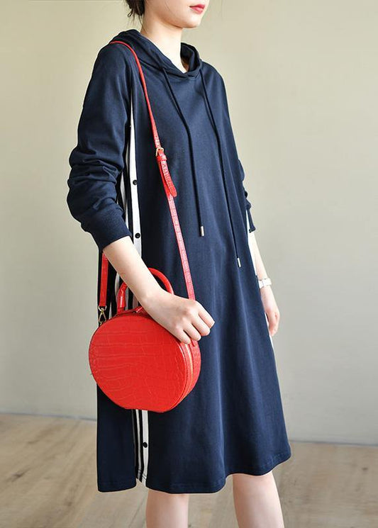 Plus Size Navy Patchwork Cotton hooded Dresses - SooLinen