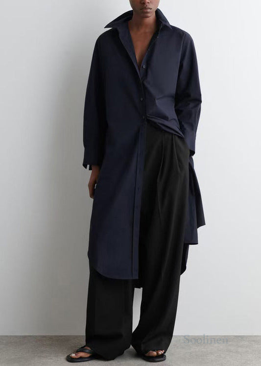 Plus Size Navy Peter Pan Collar Cotton Long Shitrs Tunic Dress Spring