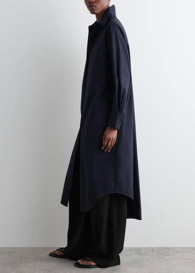 Plus Size Navy Peter Pan Collar Cotton Long Shitrs Tunic Dress Spring