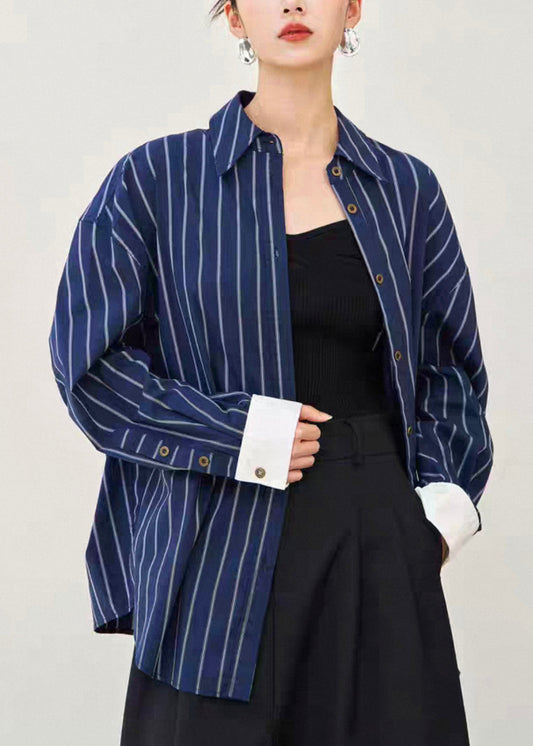 Plus Size Navy Striped Button Cotton Shirt Fall