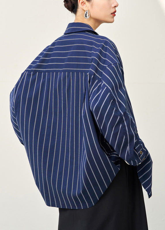Plus Size Navy Striped Button Cotton Shirt Fall