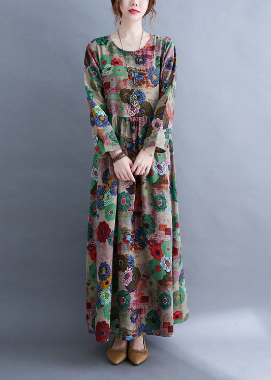 Plus Size O-Ausschnitt Print Falten Extra großer Saum Langes Kleid Frühling