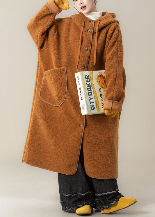 Abrigos de piel sintética de peluche con bolsillos y capucha de color naranja de talla grande para invierno