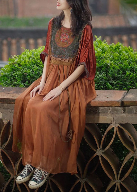 Vestidos largos de verano de seda con bordados y borlas de color naranja de talla grande