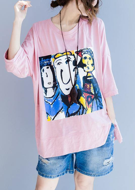 Plus Size Pink Graphic Half Sleeve Cotton Summer Top - SooLinen