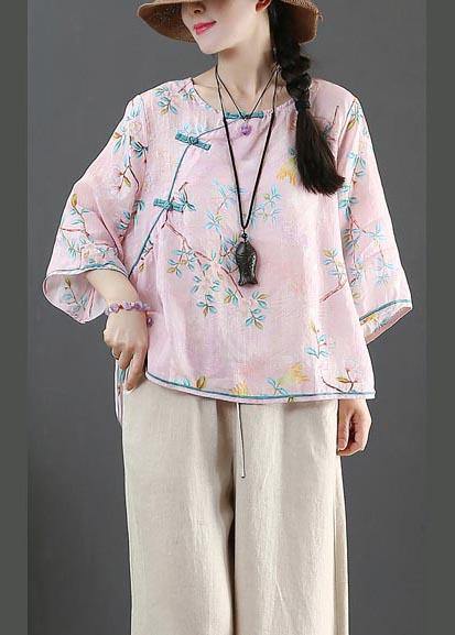 Plus Size Pink Print Linen Oriental Summer Shirts - SooLinen