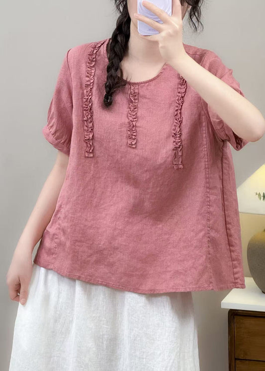 Plus Size Pink Ruffled Cotton Shirt Top Summer