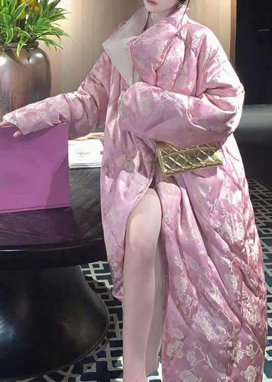 Lange Winterjacke in Übergröße, rosa mit Stehkragen, bedruckt, mit Baumwollfüllung, lang, für den Winter