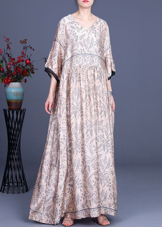 Plus Size Rosa Seiden-Maxikleid mit V-Ausschnitt und halben Ärmeln