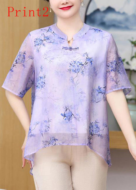 Plus Size Print Oriental Button Chiffon Top Summer