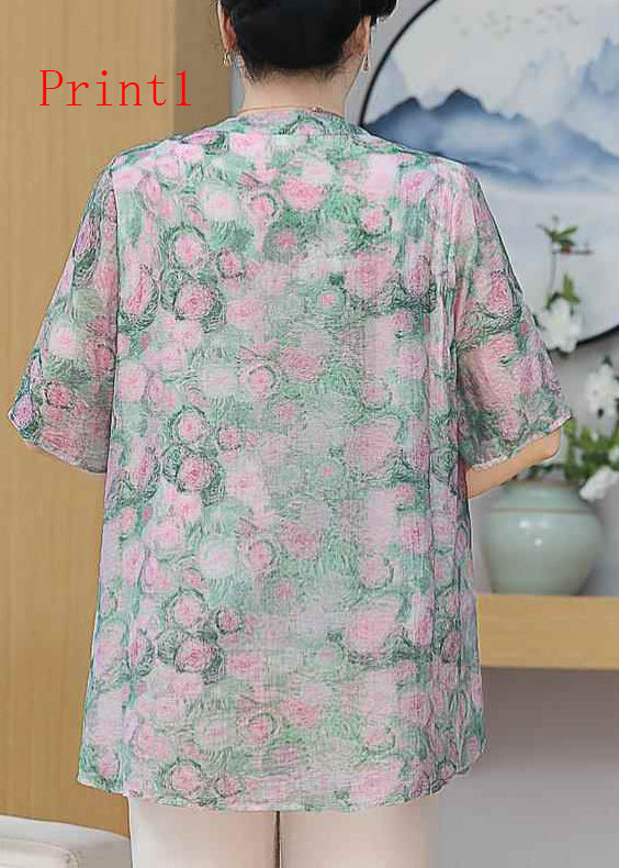 Plus Size Print Oriental Button Chiffon Top Summer