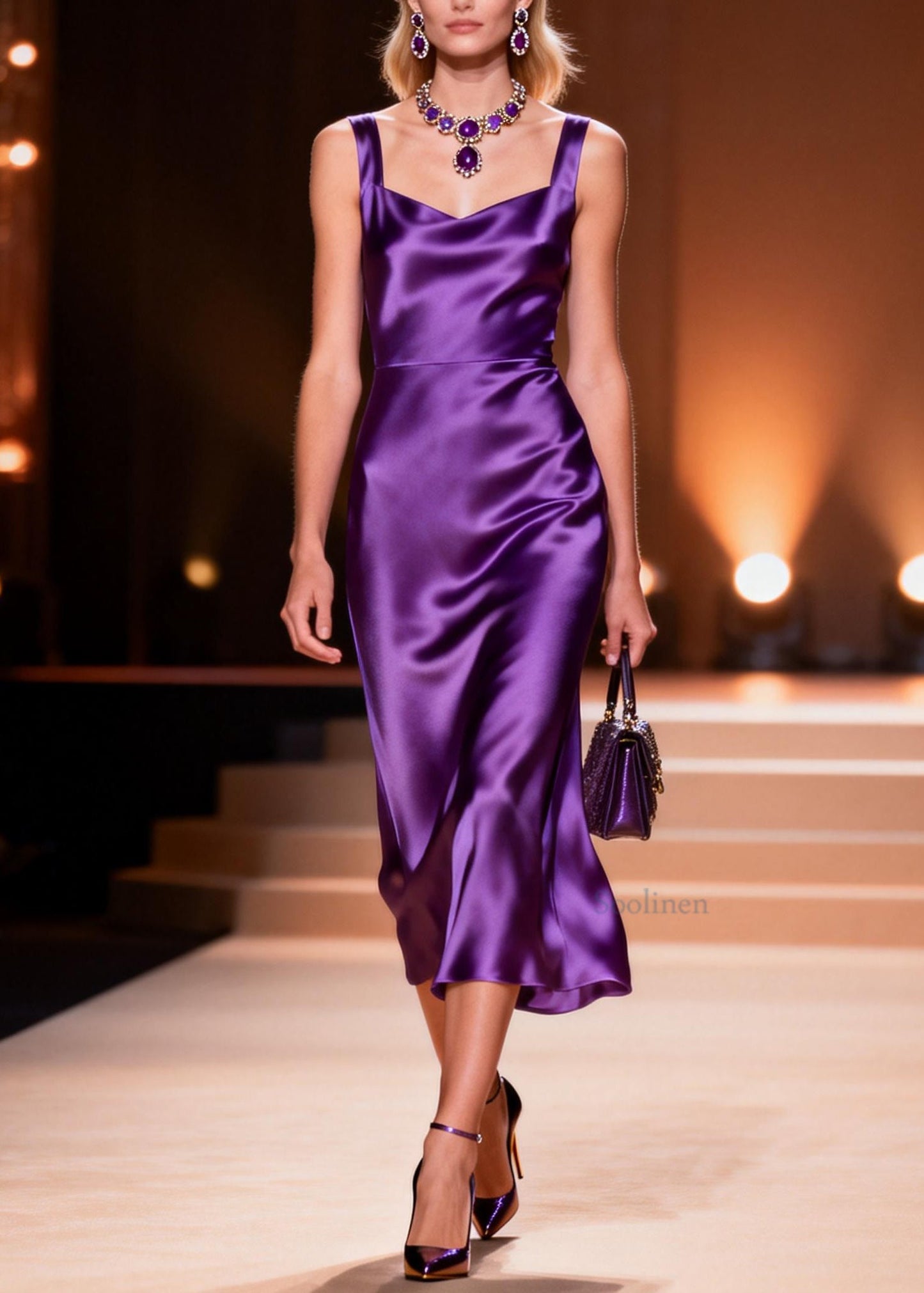Plus Size Purple Draping Silk Spaghetti Strap Dress Summer