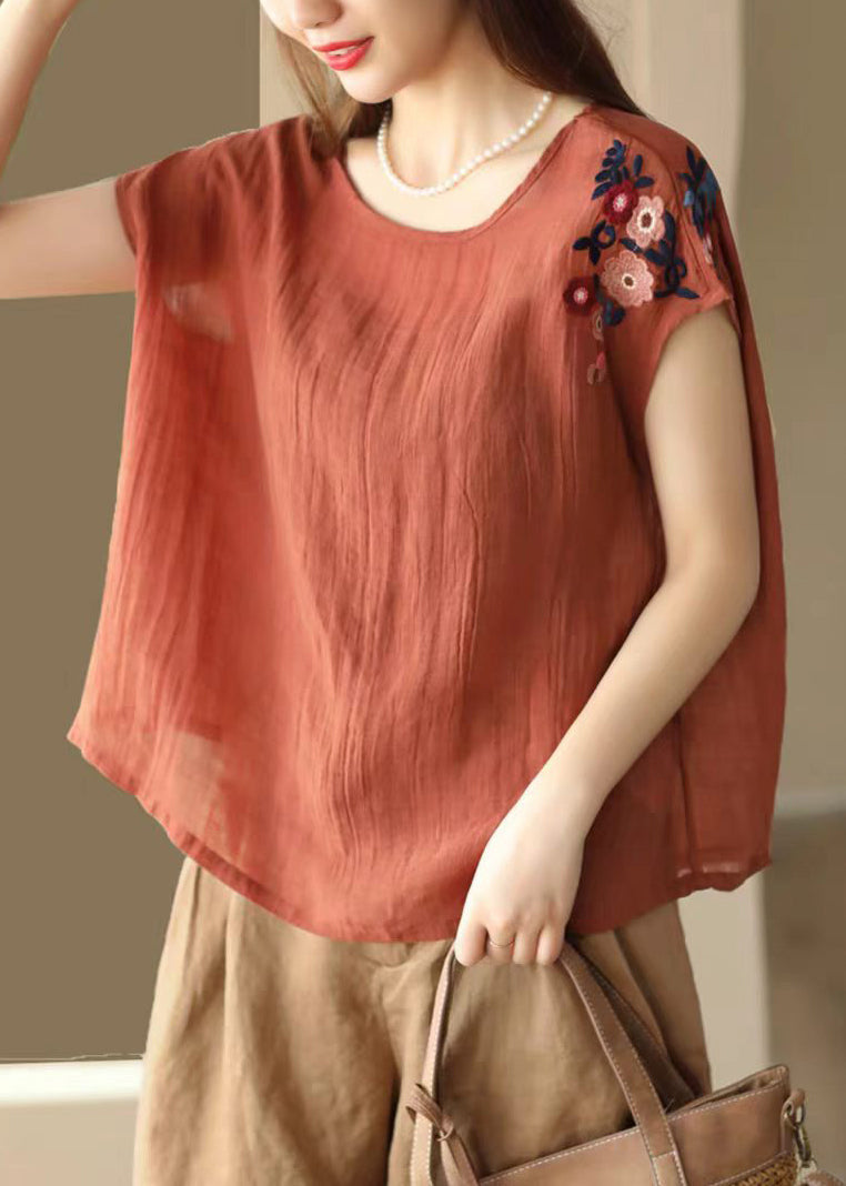 Plus Size Purple O Neck Embroidered Linen Top Summer