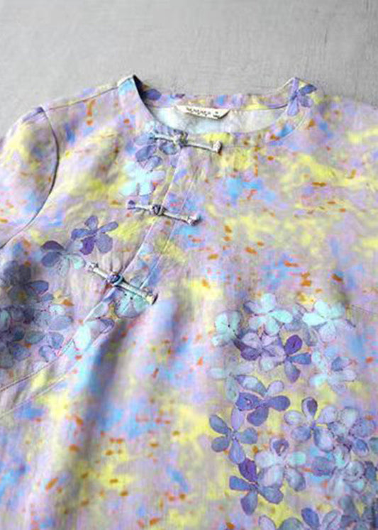 Plus Size Lila O-Ausschnitt Leinenhemd Top Dreiviertelärmel