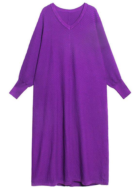 Plus Size Purple V Neck Loose fashion Fall Vacation Dresses Long sleeve - SooLinen