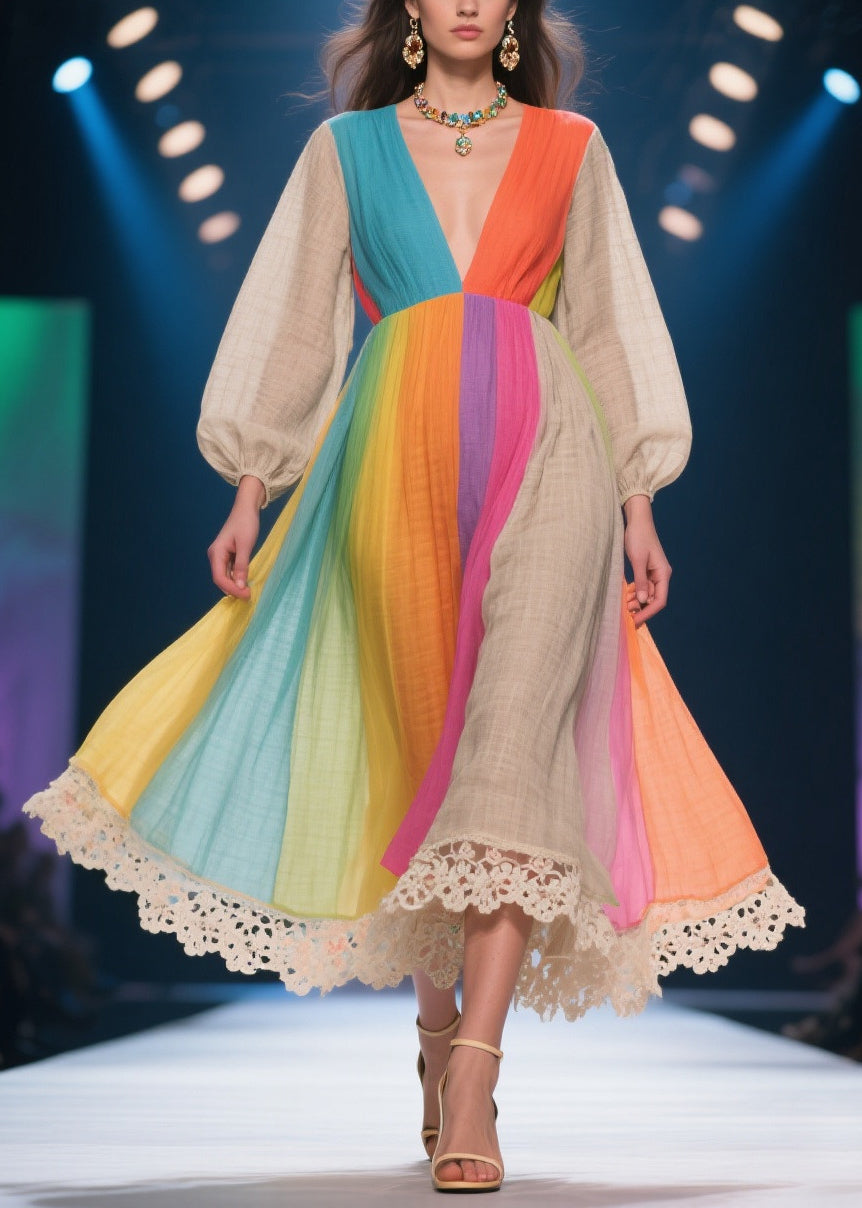 Plus Size Rainbow V Neck Patchwork Linen Party Dress Lantern Sleeve
