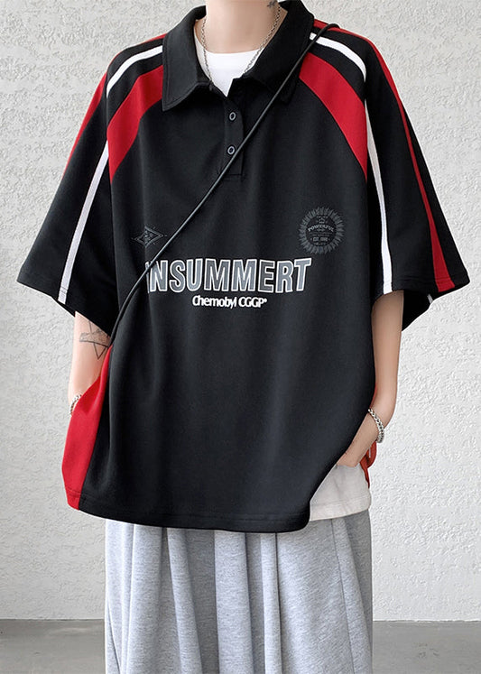 Plus Size Red Button Letter Patchwork Cotton Polo Shirt Men Half Sleeve