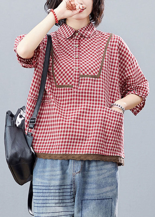 Plus Size Roter Knopf Peter Pan Kragen Hemd Tops Halbarm