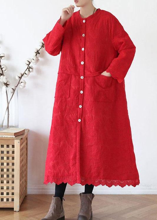 Plus Size Red Stand Button Fall Long Sleeve Coats - SooLinen