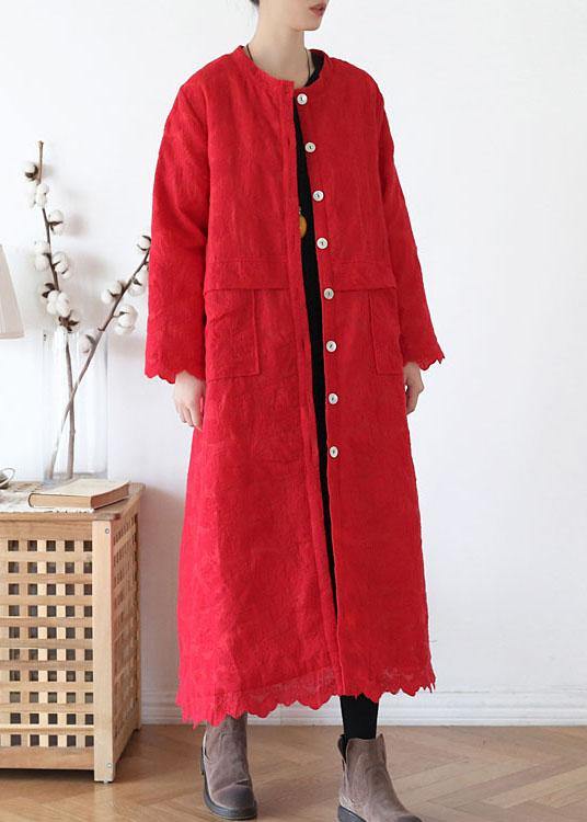 Plus Size Red Stand Button Fall Long Sleeve Coats - SooLinen