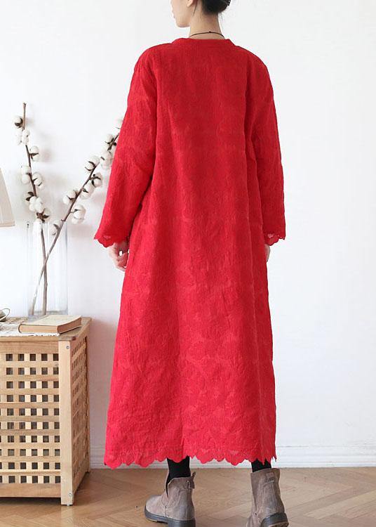 Plus Size Red Stand Button Fall Long Sleeve Coats - SooLinen