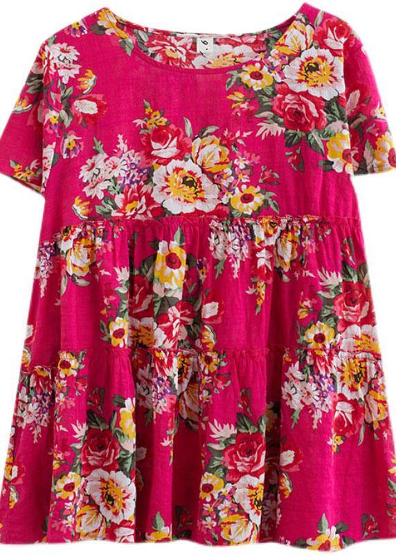 Plus Size Rose Print Cinched Cotton Linen Blouses Summer - SooLinen