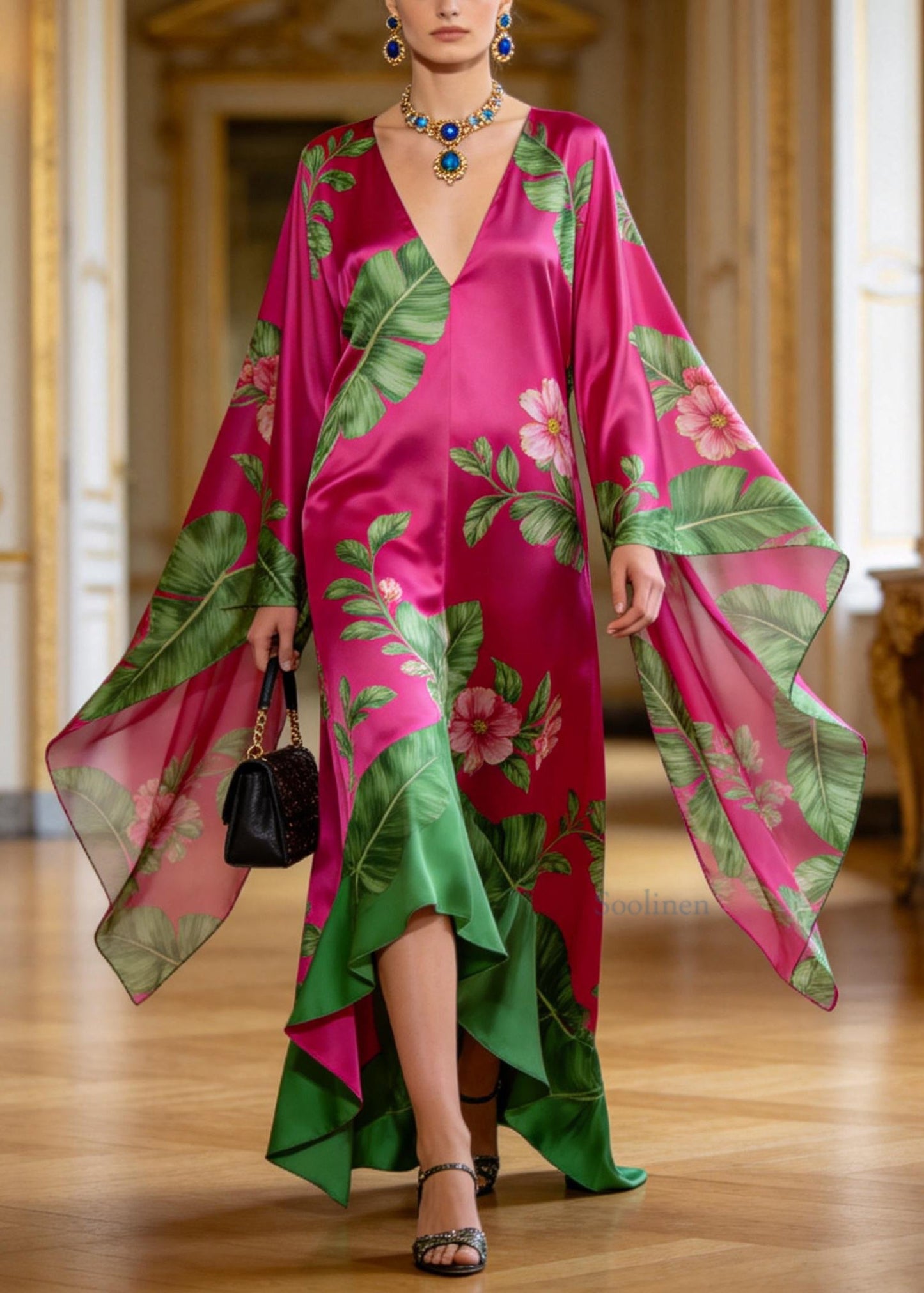 Plus Size Rose V Neck Asymmetrical Design Print Chiffon Robe Dresses Batwing Sleeve