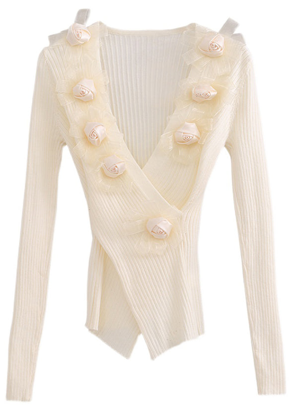 Plus Size Einfaches Beiges Stricktop mit V-Ausschnitt und Blumenmuster