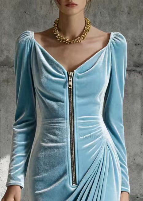 Plus Size Sky Blue Zip Up Wrinkled Silk Velvet Maxi Dresses Spring