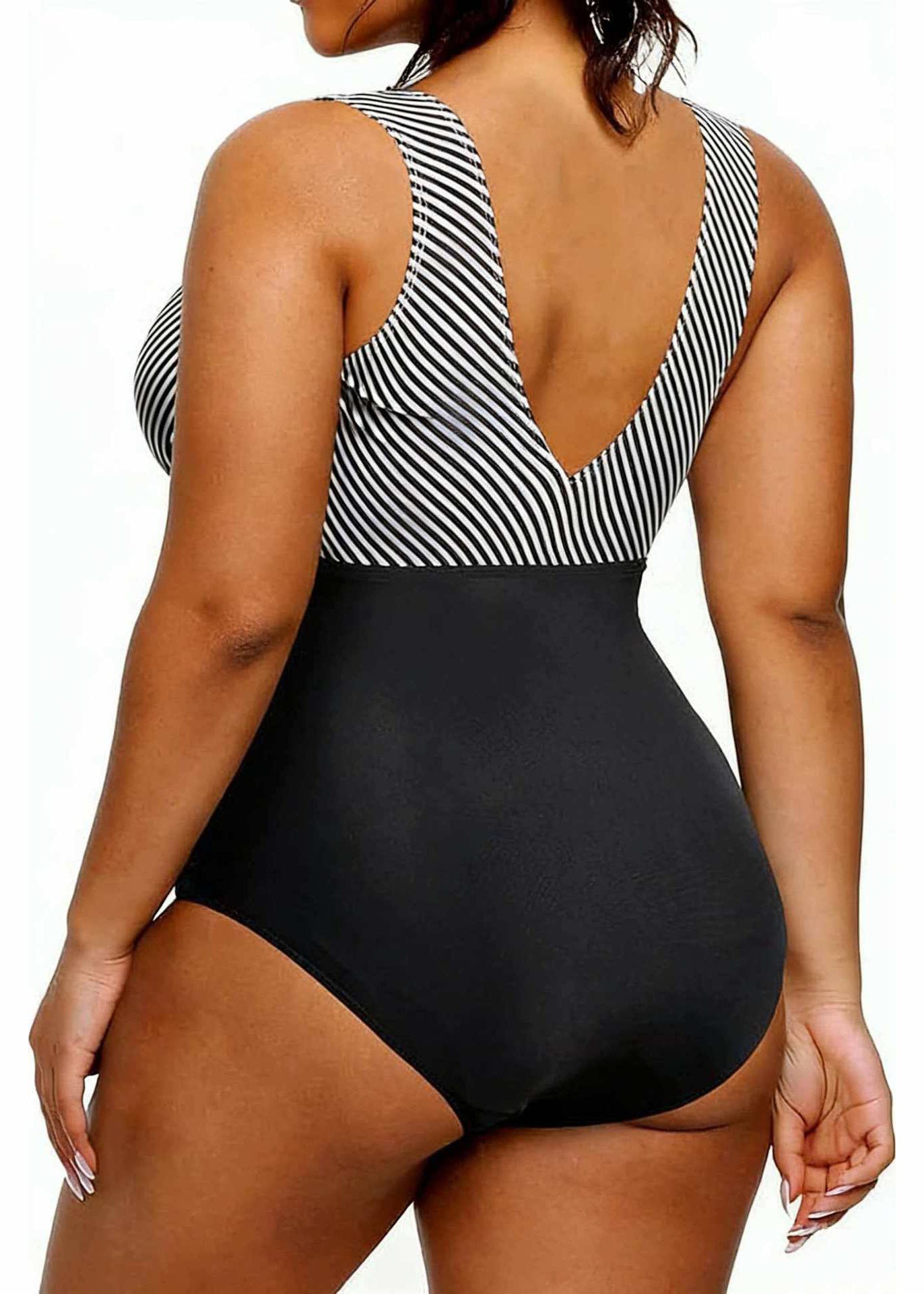 Plus Size Striped V Neck Swimwear Bodysuit Tops