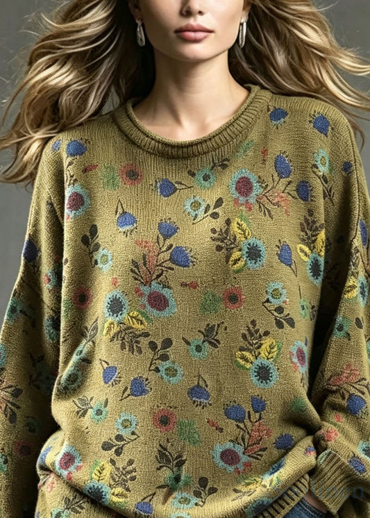 Plus Size Tea Green O Neck Print Knit Sweaters Fall