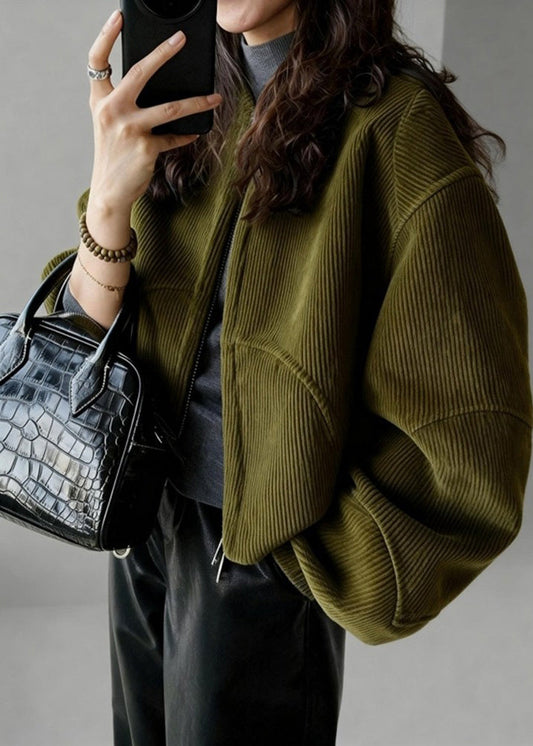 Plus Size Tea Green Oversized Pockets Corduroy Coat Spring
