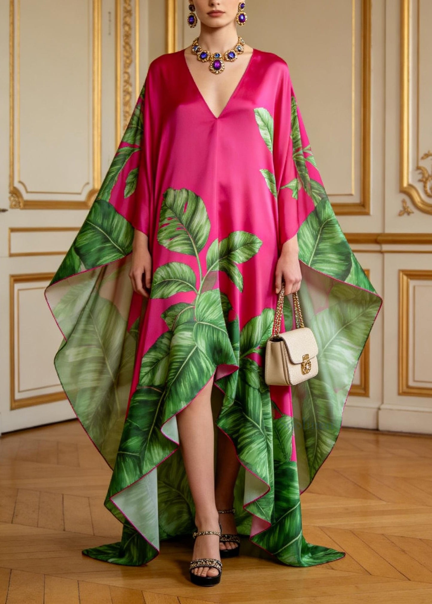 Plus Size V Neck Asymmetrical Design Print Chiffon Dresses Summer