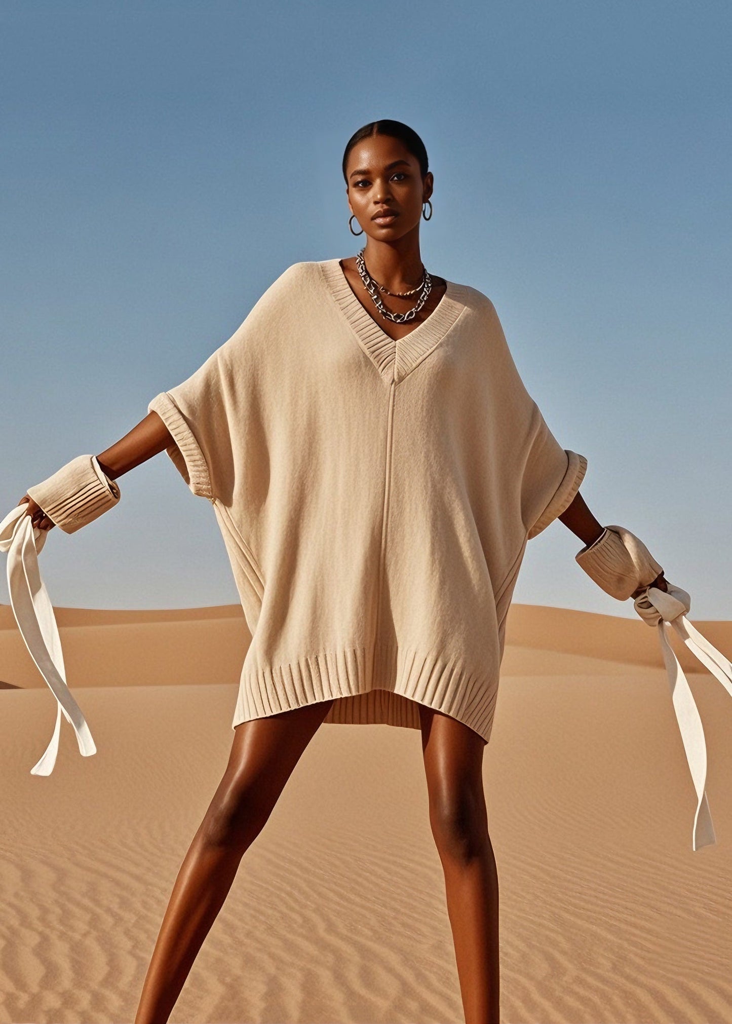 Plus Size V Neck Mid Knit Sweater Dress Batwing Sleeve