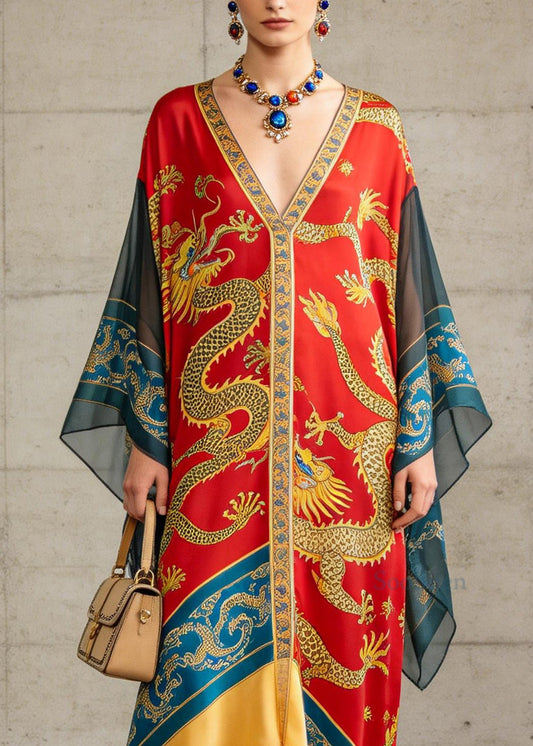 Plus Size V Neck Oriental Print Chiffon Ankle Dress Summer