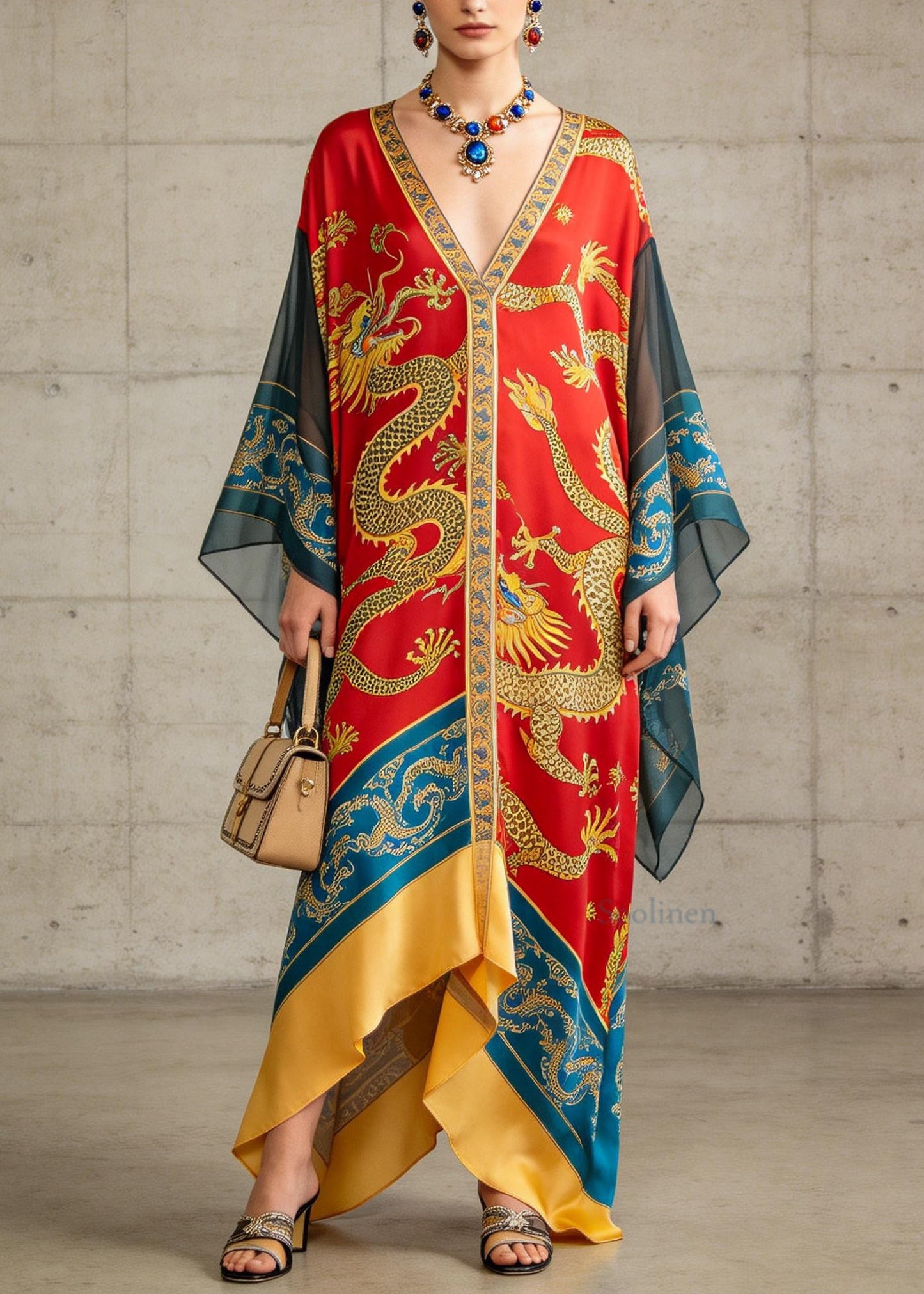 Plus Size V Neck Oriental Print Chiffon Ankle Dress Summer