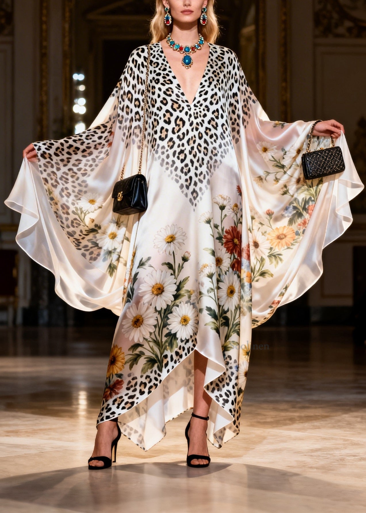 Plus Size V Neck Print Chiffon Long Dress Batwing Sleeve