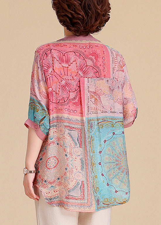 Plus Size V Neck Print Cotton Blouse Tops Summer