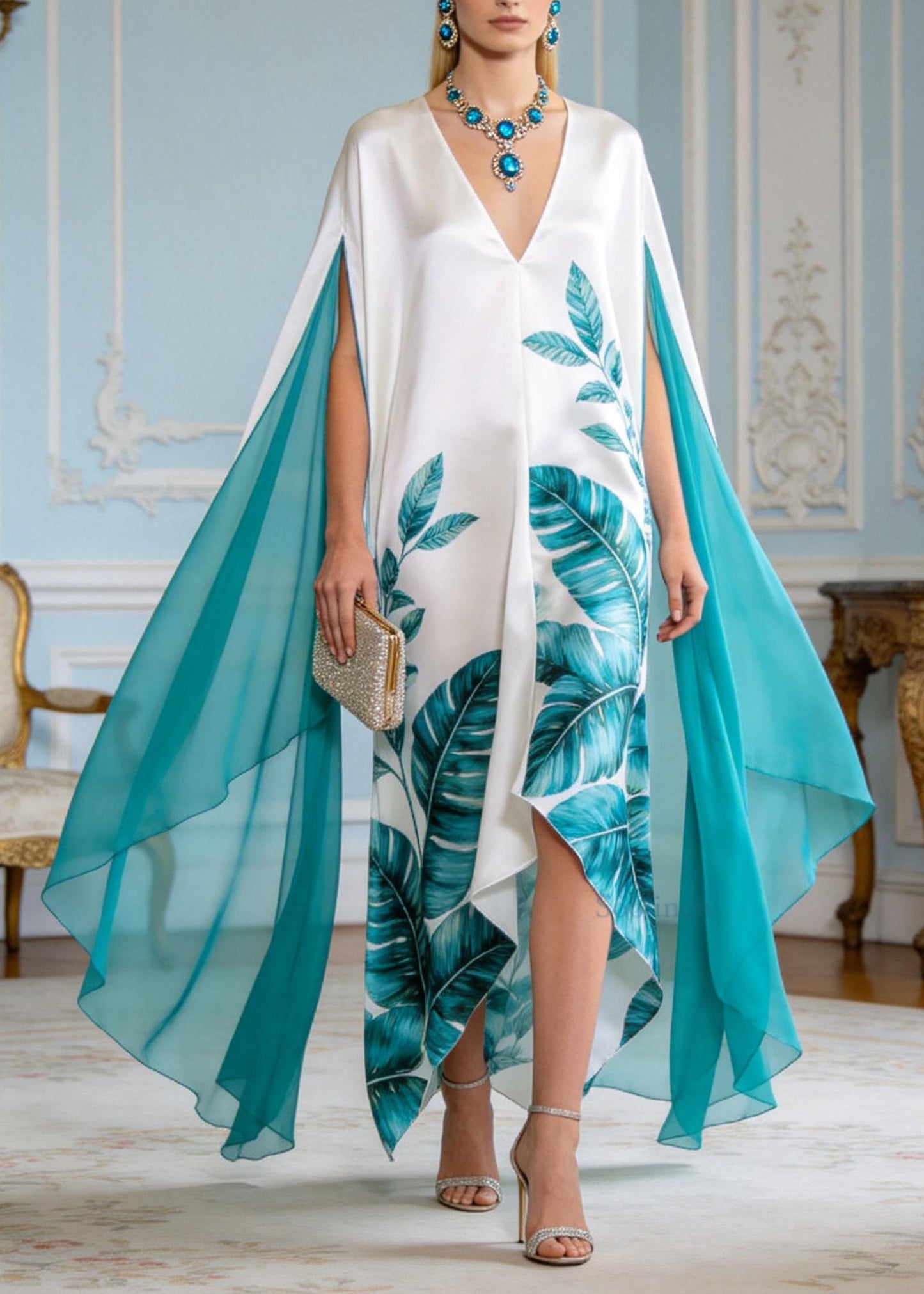 Plus Size V Neck Print Patchwork Chiffon Robe Dresses Summer