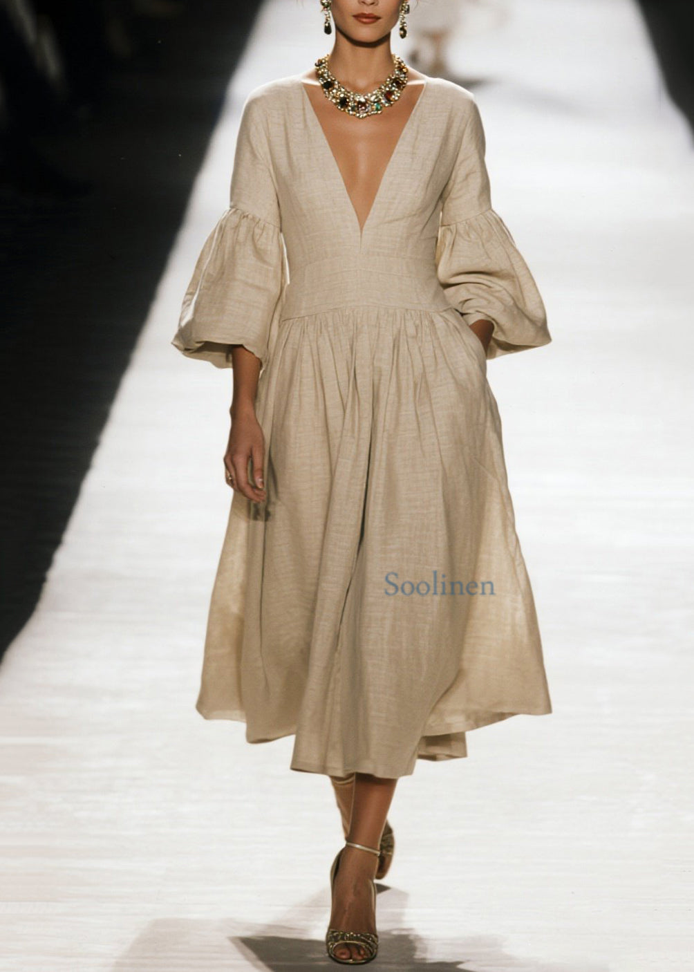 Vestido de algodón con cuello en V y parches arrugados de talla grande para primavera