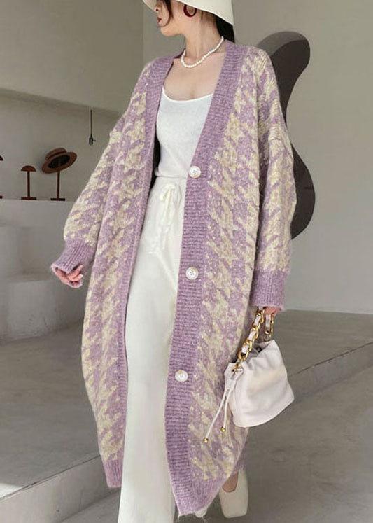 Plus Size Vintage Lila gemütlicher Strickcardigan Frühling