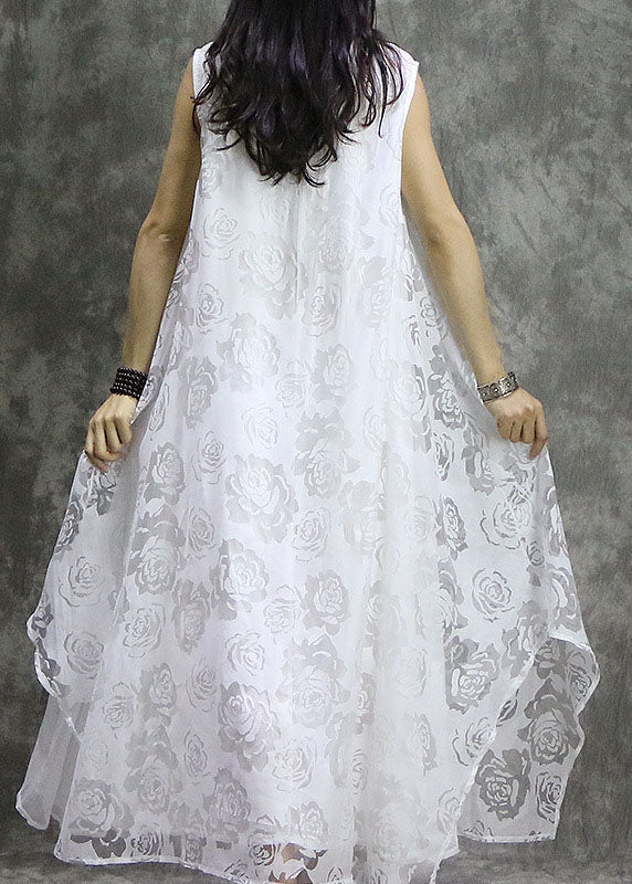 Plus Size Weiße asymmetrische Blumen Seide Urlaubskleider Ärmellos