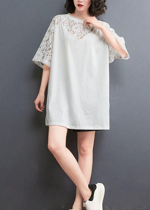 Plus Size White Patchwork Lace O-Neck Cotton Tee Summer - SooLinen